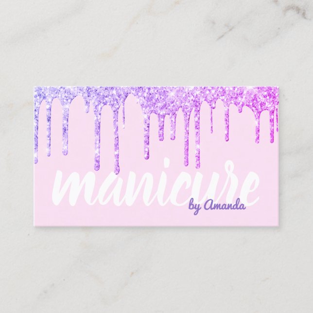 Modern pretty purple glitter drips manicure  business card (Front)