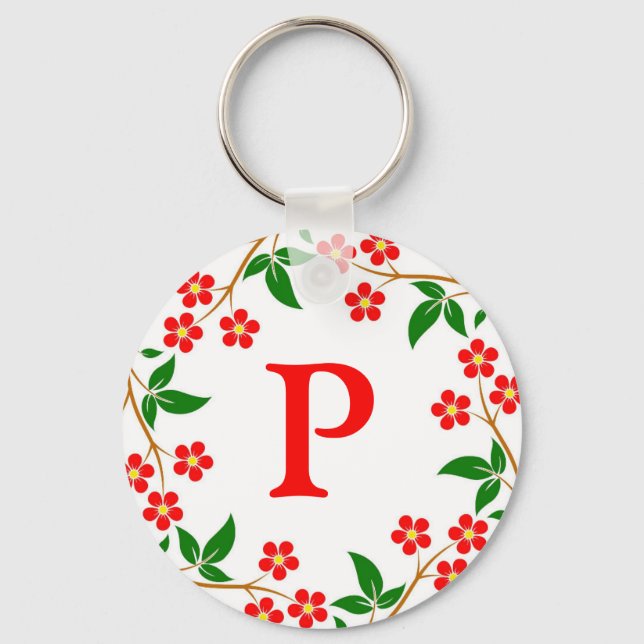 Modern Pretty Red Floral White Monogrammed Key Ring (Front)