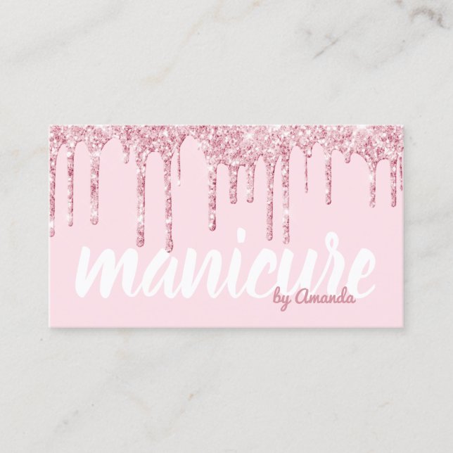 Modern pretty rose gold glitter drips manicure business card (Front)