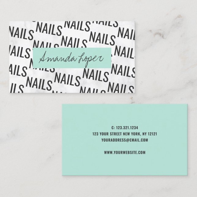 Modern pretty white marble black mint green nails business card (Front/Back)