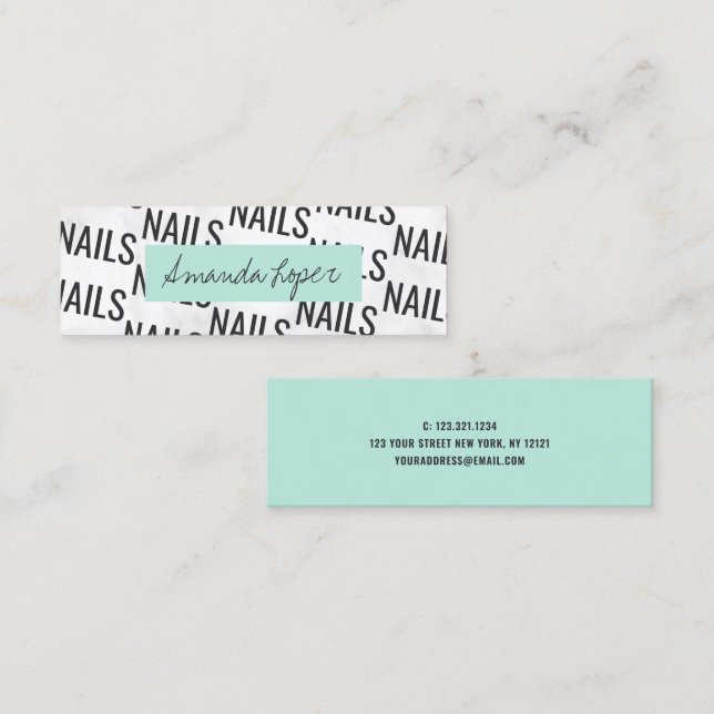 Modern pretty white marble black mint green nails mini business card (Front/Back)