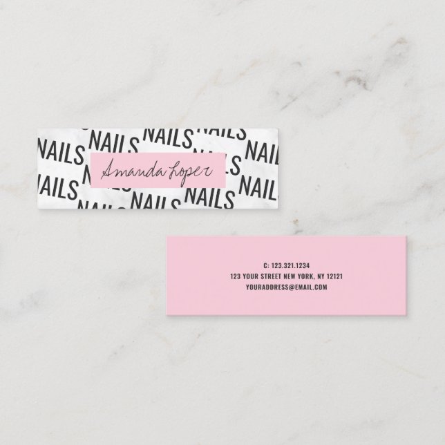Modern pretty white marble black & pink nails mini business card (Front/Back)
