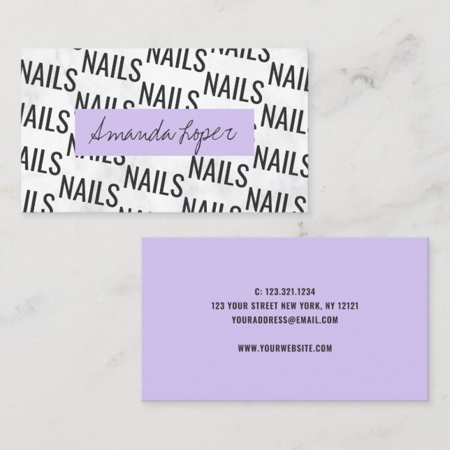 Modern pretty white marble black purple nails business card (Front/Back)
