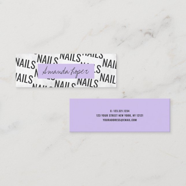 Modern pretty white marble black purple nails mini mini business card (Front/Back)