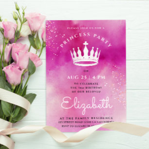 Modern Princess Crown Pink Cinderella Watercolor Invitation
