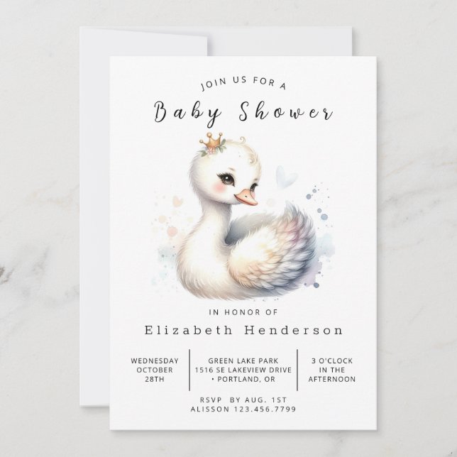Modern Printable Swan Baby Shower Invitation (Front)