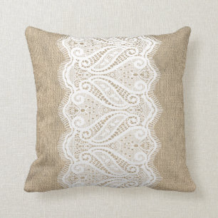 Modern Printed Burlap & Lace Cushion