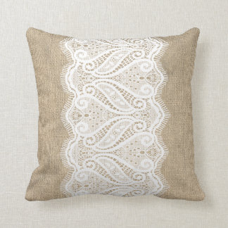 Modern Printed Burlap & Lace Cushion