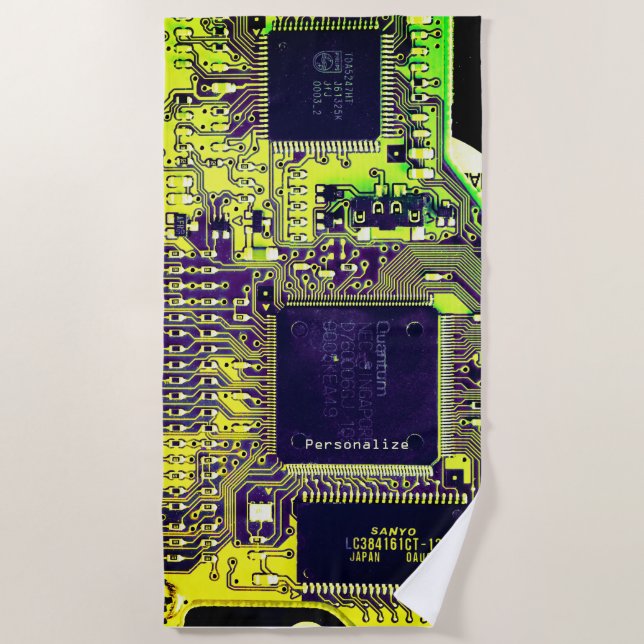 Modern Printed Circuit Board Design Add Name Geeky Beach Towel (Front)