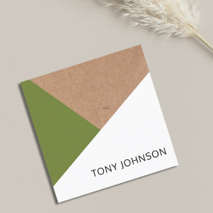 Modern Printed Kraft Olive Green White Geometric Square Business Card