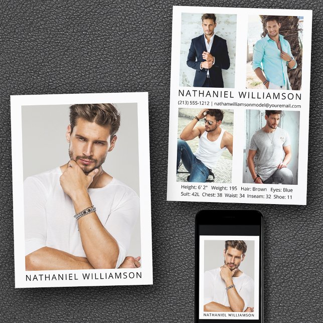 Modern Pro Model 5 Photos Comp Card (Customize to change background color, text size or text style. Available for prints and download.)