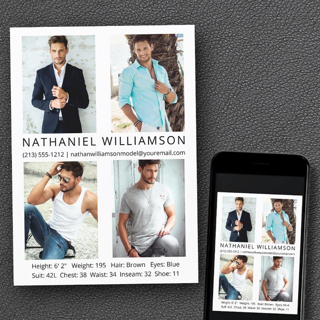 Modern Pro Model Actor 4 Photos Comp Card (Customize to change background color, text size, style or to add more photos to back of card.)