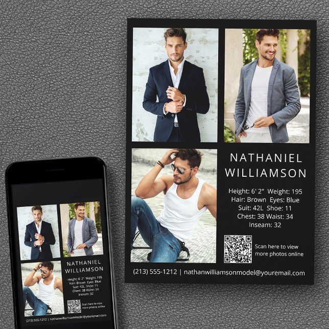 Modern Pro Model Actor QR Code 3 Photo Comp Card (Customize to change background color, text size, style or to add more photos to back of card.)