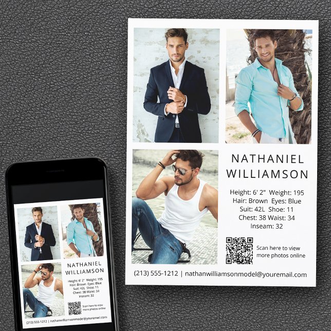 Modern Pro Model Actor QR Code 3 Photos Comp Card (Customize to change background color, text size, style or to add more photos to back of card.)