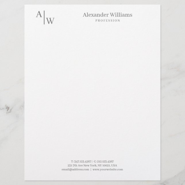 Modern Professional 2 Monogram Minimalist Grey Custom Letterhead (Front)
