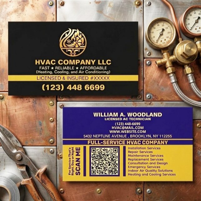 Modern Professional AC HVAC Company Logo & License Business Card (hvac business card, heating and cooling, luxury branding, air conditioning, hvac logo design qr code)