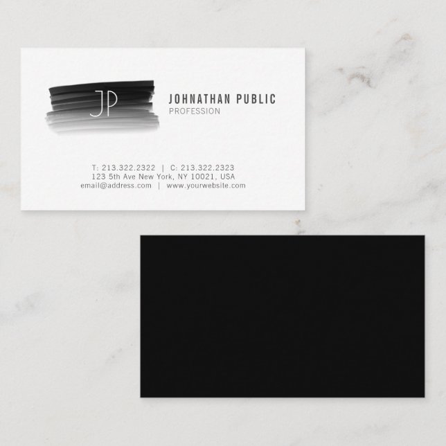 Modern Professional Black Brush Stroke Monogrammed Business Card (Front/Back)