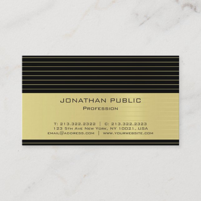 Modern Professional Black Gold Striped Luxury Chic Business Card (Front)