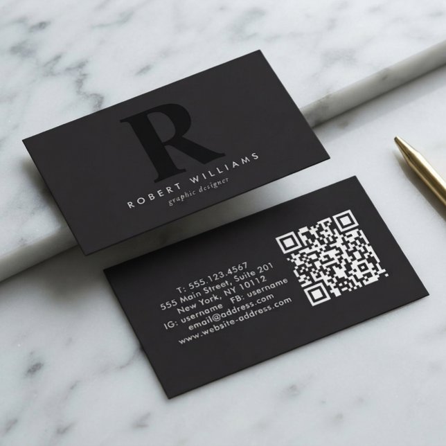 Modern Professional Black Monogram Initial QR Code Business Card (Creator Uploaded)