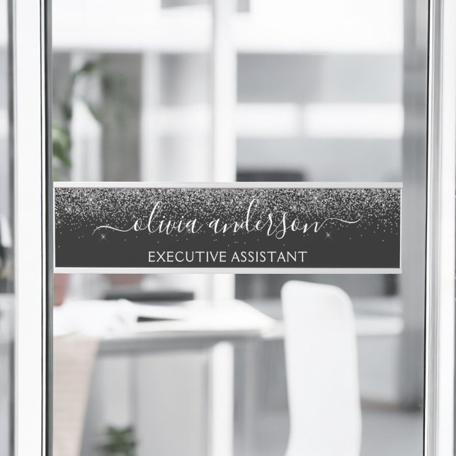 Modern Professional Black Silver Sparkle Glitter Door Sign (Creator Uploaded)