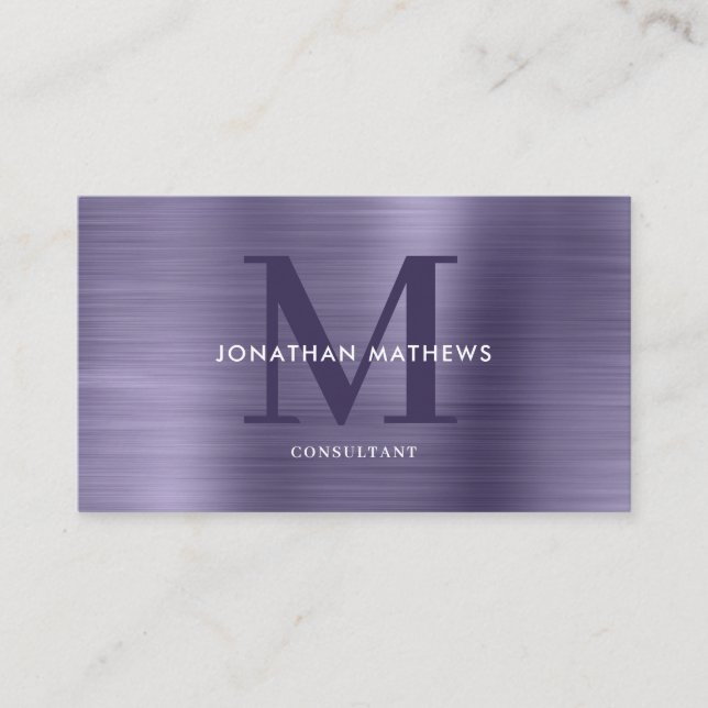 Modern Professional Brushed Metal Purple Monogram Business Card (Front)
