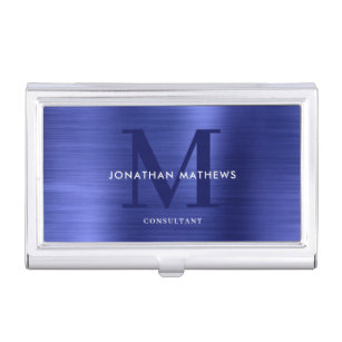 Modern Professional Brushed Metallic Blue Monogram Business Card Holder