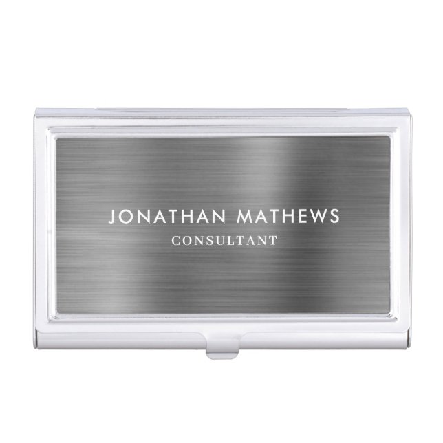 Modern Professional Brushed Metallic Grey Black Business Card Holder (Front)