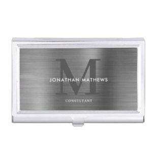 Modern Professional Brushed Metallic Grey Monogram Business Card Holder