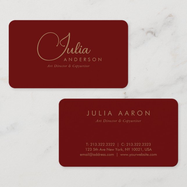 Modern Professional Burgundy and Gold Script Business Card (Front/Back)