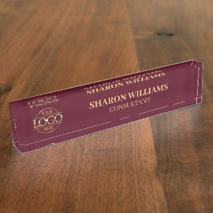 Modern Professional Burgundy Red Gold Office Title Nameplate