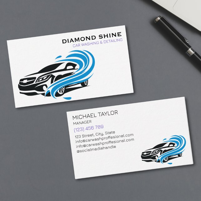 Modern Professional Car Detailing Washing Cleaning Business Card (black and blue minimalist car wash logo)