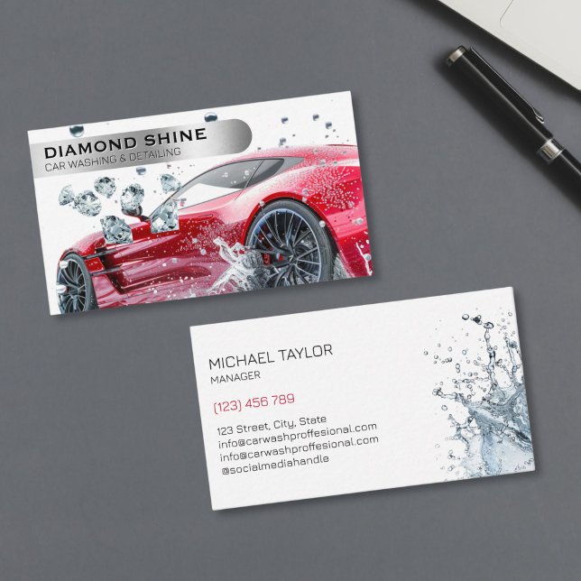 Modern Professional Car Detailing Washing Cleaning Business Card (modern red sports car wash with diamonds, car detailing business card)