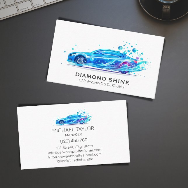 Modern Professional Car Wash Auto Detailing Business Card (MODERN BLUE CAR WASH)