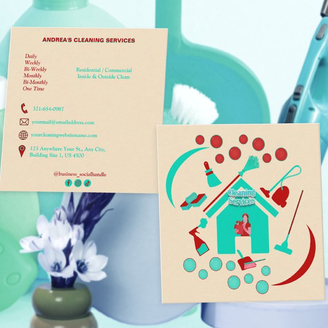 Modern Professional Cleaning Services Red and Teal Square Business Card (Creator Uploaded)