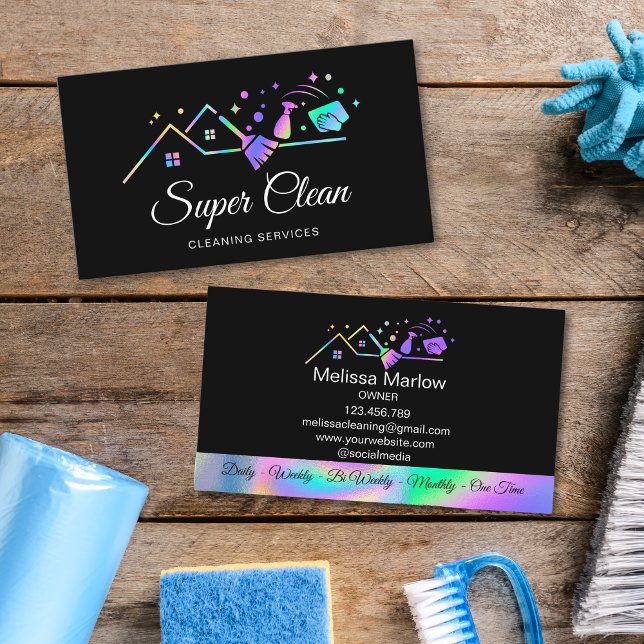 Modern Professional Commercial Cleaning House Business Card (holographic cleaning logo on the black background)