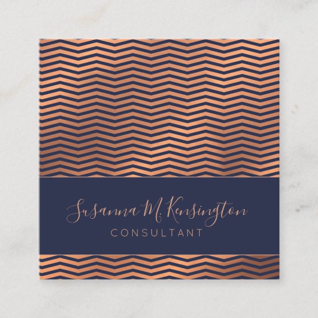 Modern Professional Copper Foil Navy Blue Chevron Square Business Card (Front)
