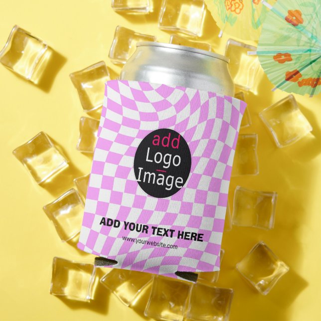 Modern Professional Custom Business Chequered Pink Can Cooler (In Situ Summer)