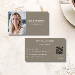 Modern Professional Custom Photo QR Taupe Business Card