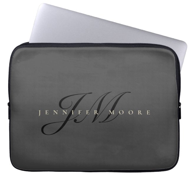 Modern Professional Elegant Gold and Grey Monogram Laptop Sleeve (Front)