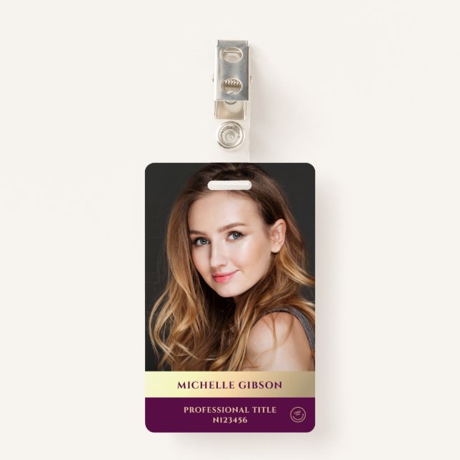 Modern Professional Elegant Luxury Purple Gold ID Badge (Front with Clip)