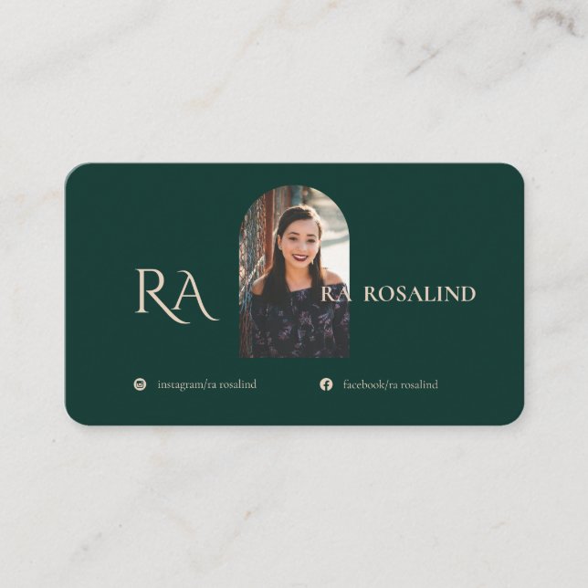Modern Professional Emerald Green Monogram Photo Business Card (Front)