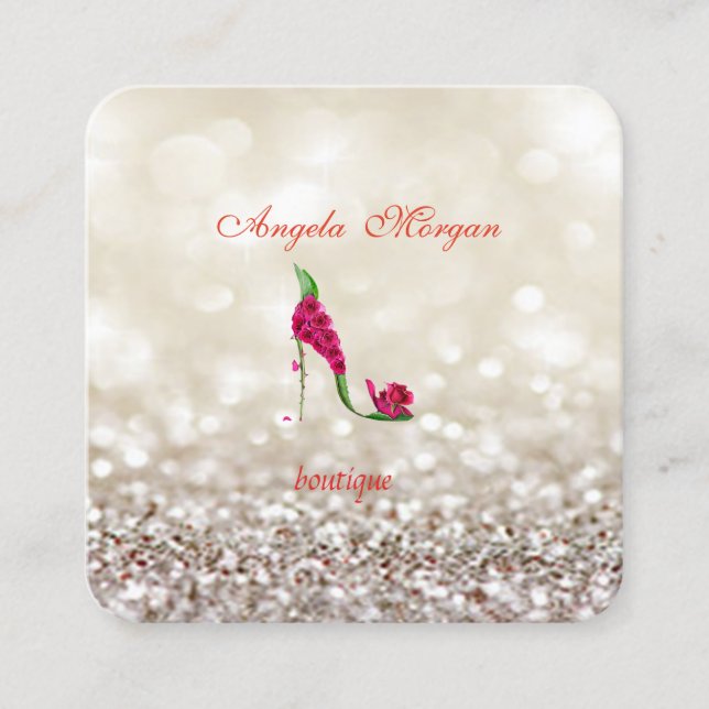 Modern Professional Glittery Bokeh  ,Flower Heels Square Business Card (Front)