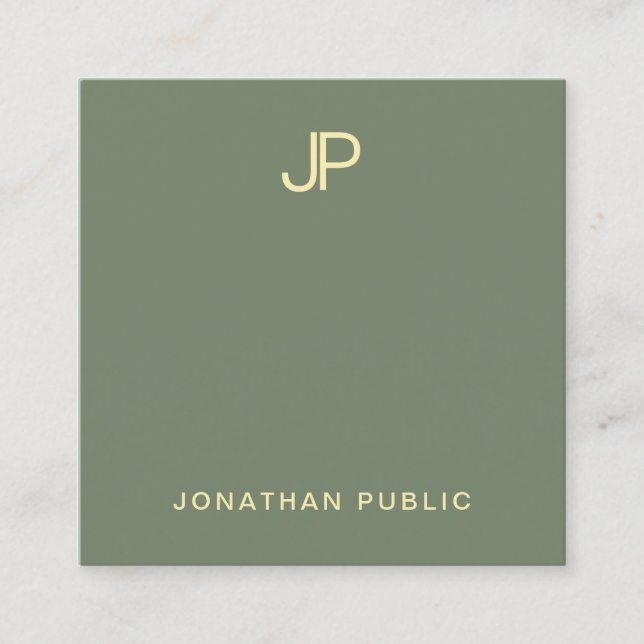 Modern Professional Green Plain Gold Monogrammed Square Business Card (Front)