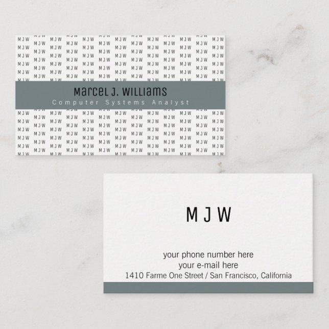 modern professional grey stripe & initials pattern business card (Front/Back)