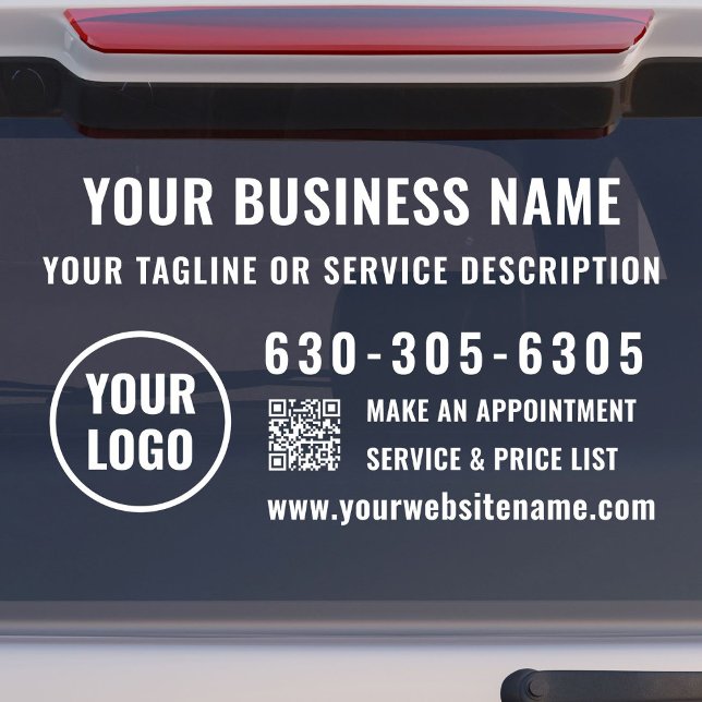 Modern Professional Logo Business Name QR Code Car (Modern, professional business logo window decal template with QR code and phone number in white.)