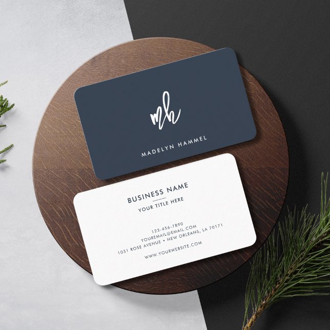 Modern Professional Minimal Script Monogram Navy Business Card (Creator Uploaded)