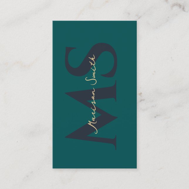 Modern Professional Monogram Dark Teal Elegant Bus Business Card (Front)