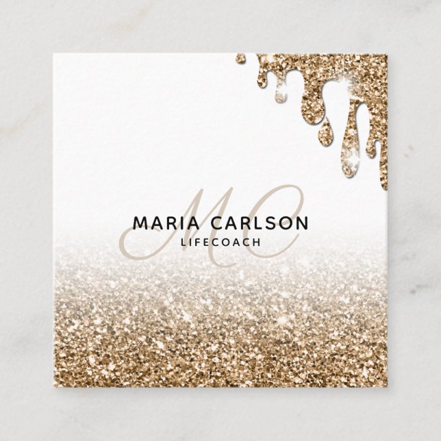 Modern Professional Monogram Glittering gold drips Square Business Card (Front)