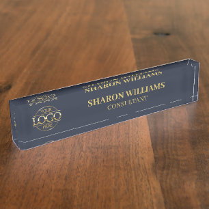 Modern Professional Navy Blue Gold Office Title Nameplate