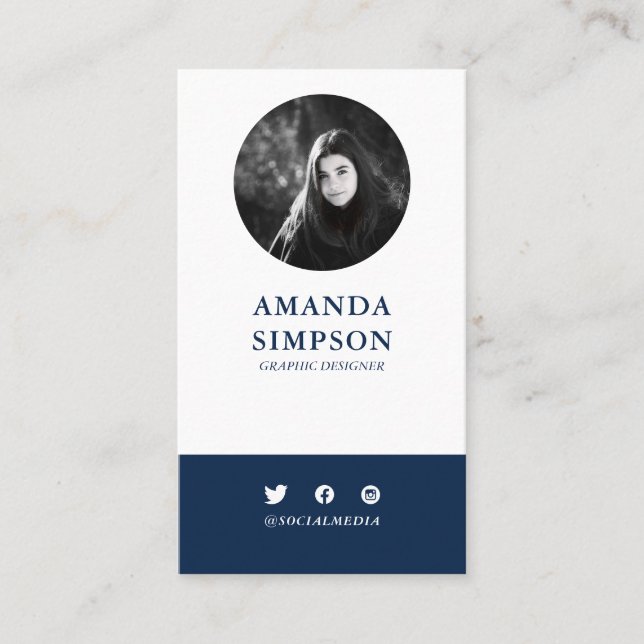 Modern Professional Navy Blue Photo Business Card (Front)